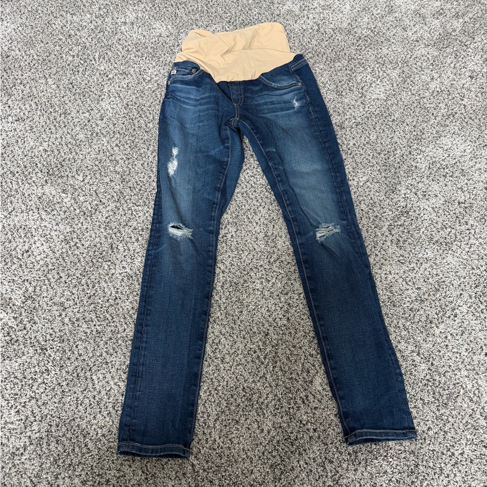 Maternity Dark Blue Distressed Skinny Jeans with Beige Belly Panel